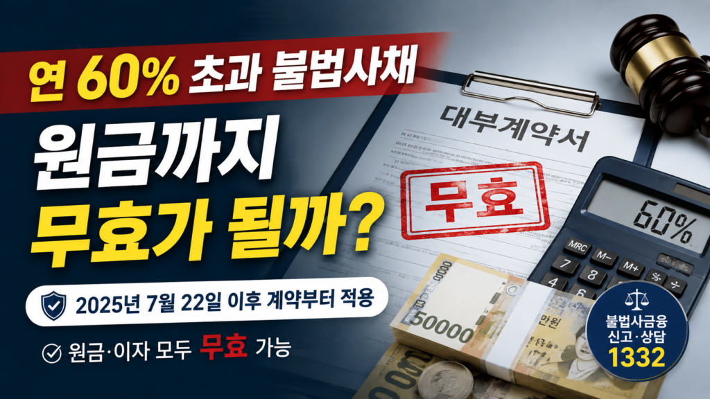 연 60% 초과 불법사채의 원금과 이자 무효 기준을 설명하는 금융 피해 예방 이미지